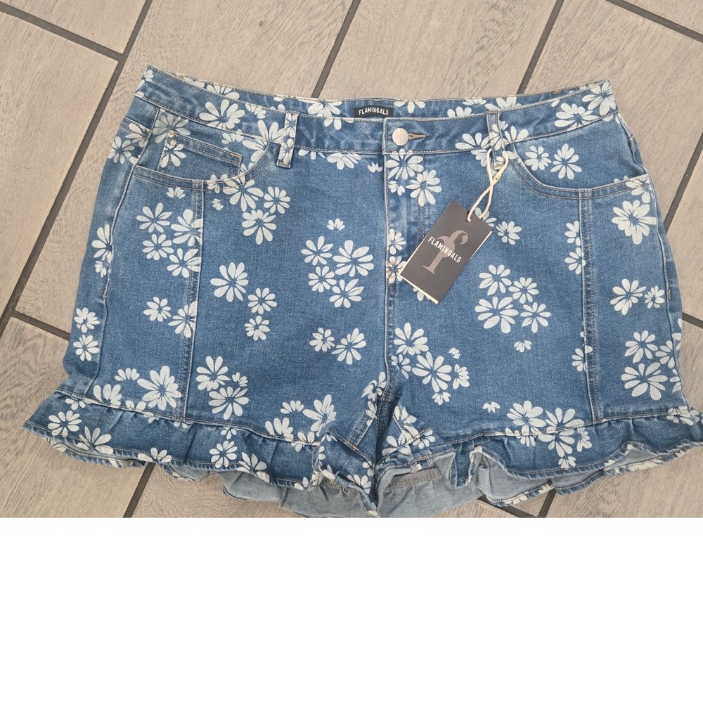 Flamingals Daisy Floral Print Ruffle Hem Denim Shorts Blue 2XL NWT